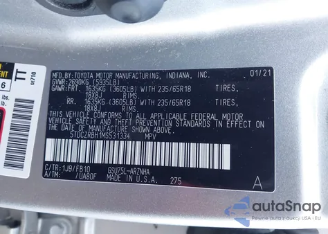 2021 Toyota Highlander L z USA, uszkodzony, nr VIN 5TDCZRBH1MS531334